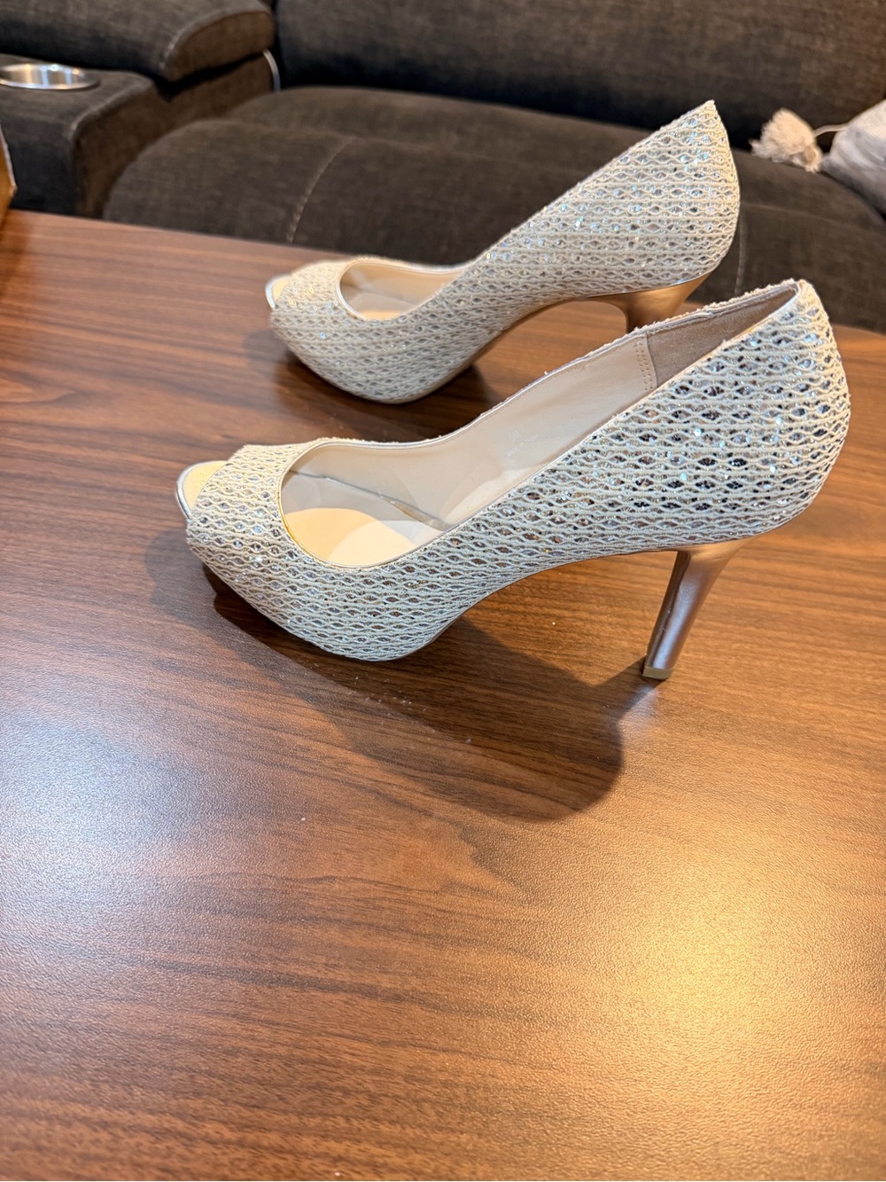 Audrey Brooke  Open-Toe Silver Quillan heels Size 9 Like New